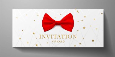 Lüks Vip Davetiye şablonu, kırmızı papyon (kurdele), çizgiler, beyaz arka planda altın yıldızlar. Hediye sertifikası, makbuz, hediye kartı için kaliteli sınıf tasarımı 