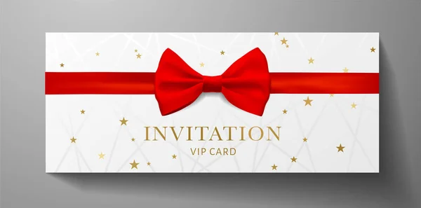 Lussuoso Modello Vip Invitation Con Papillon Rosso Nastro Linee Stelle — Vettoriale Stock