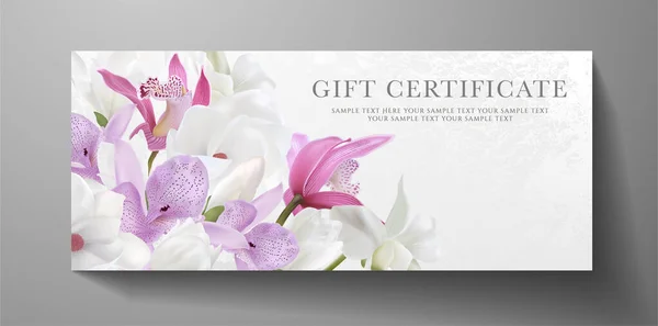 Vip招待のギフト券 バウチャーデザイン 新鮮な蘭と白の背景 マグノリアの花花束 結婚式のカード エレガントな記念日の招待状 国際女性デーに便利な美しいベクトルテンプレート — ストックベクタ