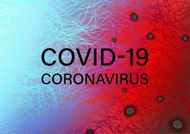 Covid-19 soyut arka plan. Mikroplu Coronavirus pankartı tasarımı (bakteri) ve mavi, kırmızı zemin üzerinde çizgi dalgaları