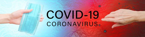 Concetto Creativo Covid Design Banner Coronavirus Mano Con Maschera Medica — Foto Stock