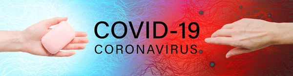 Concepto Creativo Covid Diseño Del Banner Del Coronavirus Con Mano — Foto de Stock