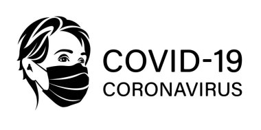 Covid-19 Coronavirus yaratıcı sembol tasarımı: beyaz arka planda tıbbi maskeli insan yüzü. İzole edilmiş Simge siyah ve beyaz vektörü