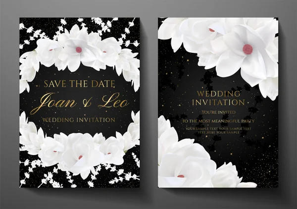 Svatební Pozvánka Design Bílou Magnólie Květinový Věnec Černém Třpytivém Pozadí — Stockový vektor