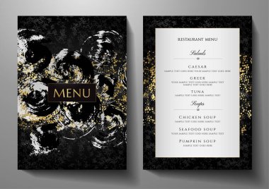 Gümüş altın soyut desenli restoran menüsü şablonu tasarla. Luxe siyah ve altın çerçeve deseni (sınır). Creative Cafe Menü için şık bir kapak, broşür, düğün davetiyesi tasarımı