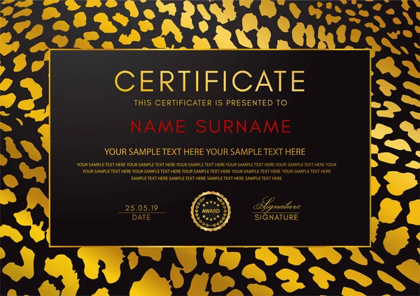 Шаблон Сертификата Изображением Животного Леопарда Люксовые Черно Золотые Рамки Креативных — стоковый вектор