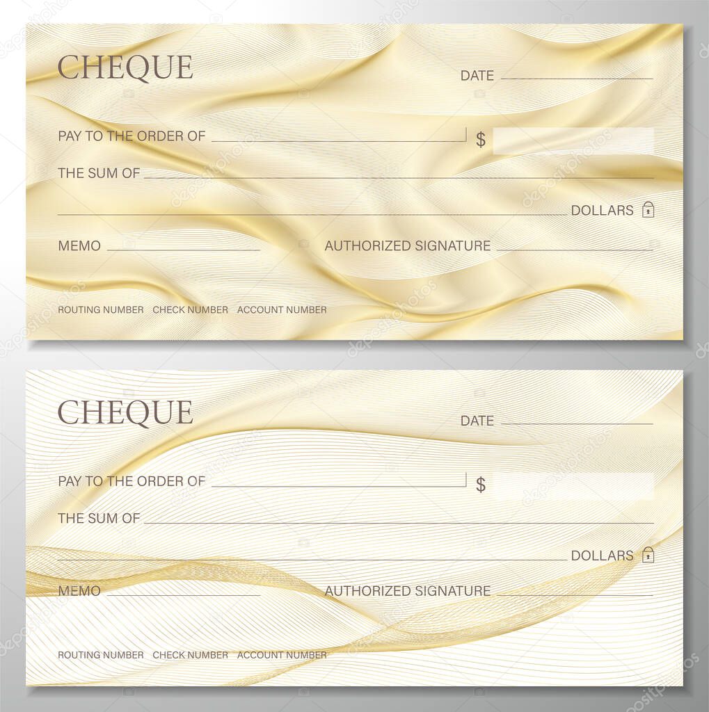 Check, Cheque (Chequebook template). Guilloche pattern with abstract line gold watermark. Golden background for banknote, money design, currency, bank note, Voucher, Gift certificate, coupon