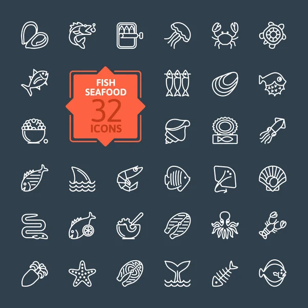 Fish and seafood - outline icon collection, vector — Stock Vector