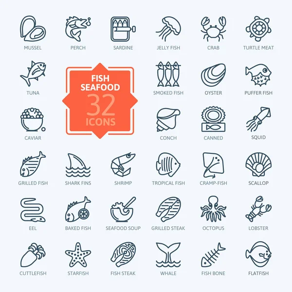 Fish and seafood - outline icon collection, vector — Stock Vector