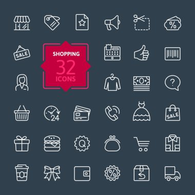 Alışveriş merkezleri, perakende - ana hatlı web simgesi koleksiyonu, vektör, ince çizgi simgeleri koleksiyonu