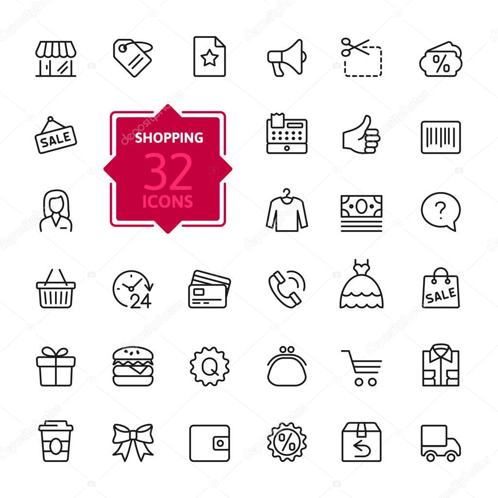 Shopping malls, retail - outline web icon collection, vector, thin line icons collection