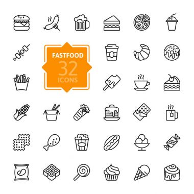 Fastfood - anahat web simge seti, vektör, ince çizgi Icons collection