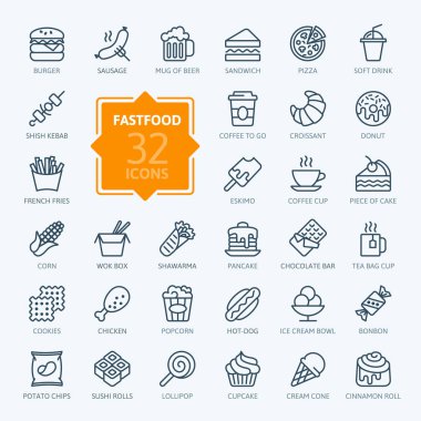 Fastfood - anahat web simge seti, vektör, ince çizgi Icons collection