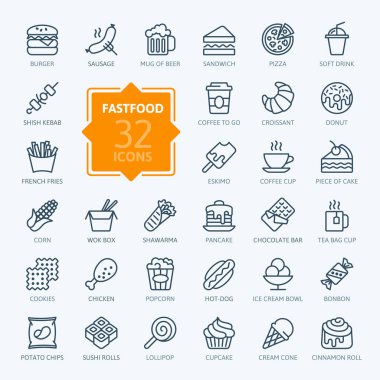 Fastfood - outline web icon set, vector, thin line icons collection clipart