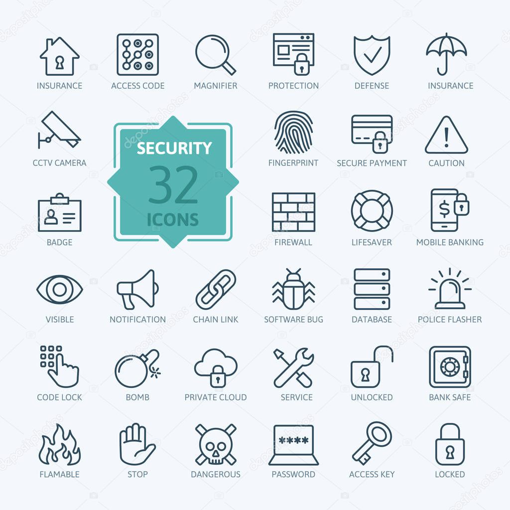 Security - outline web icon set, vector, thin line icons collection