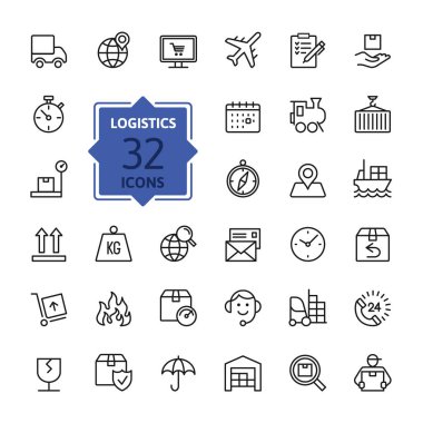 Lojistik, teslim, Ulaştırma - anahat web simge seti, vektör, ince çizgi Icons collection