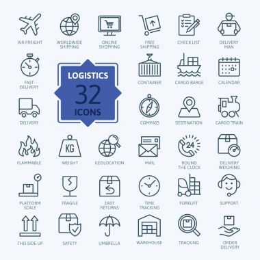 Lojistik, teslim, Ulaştırma - anahat web simge seti, vektör, ince çizgi Icons collection