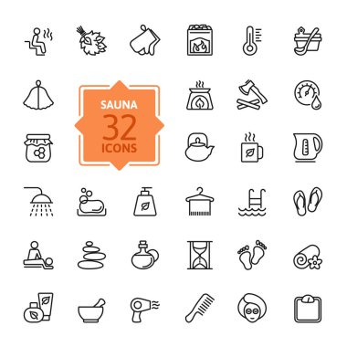 Sauna - anahat web simge seti, vektör, ince çizgi Icons collection