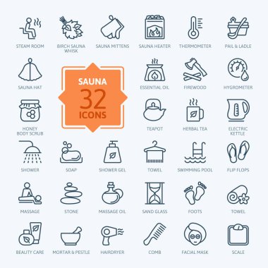 Sauna - anahat web simge seti, vektör, ince çizgi Icons collection