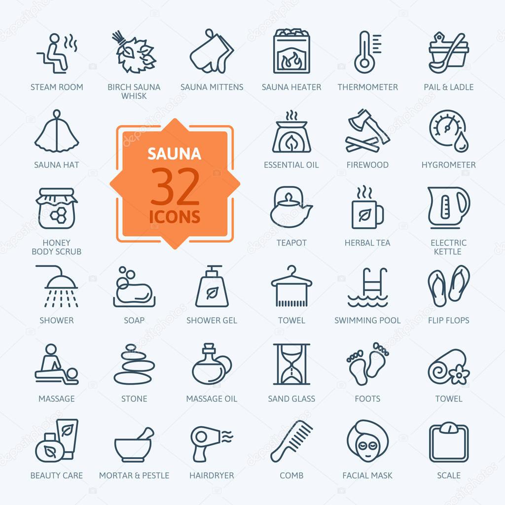 Sauna - outline web icon set, vector, thin line icons collection