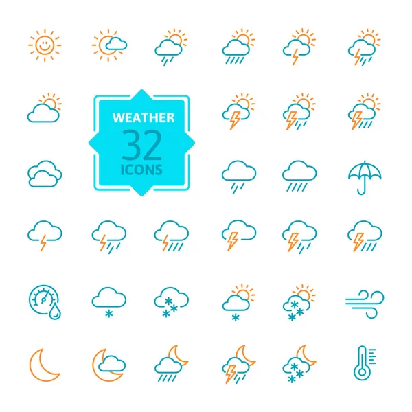 Weersverwachting - overzicht web icon set, vector, dunne lijn pictogrammen collectie — Stockvector