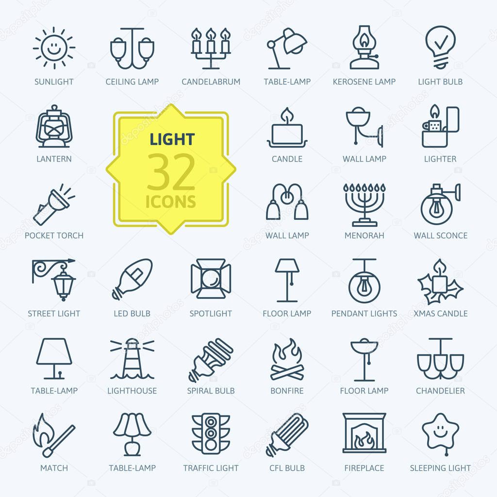 Lights web icon set - outline icon set, vector, thin line icons collection