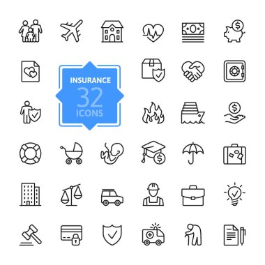 Sigorta - anahat simge seti, vektör, basit ince çizgi Icons collection