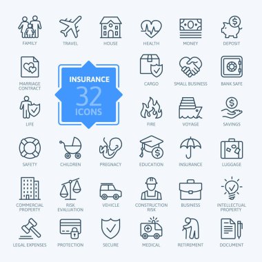 Sigorta - anahat simge seti, vektör, basit ince çizgi Icons collection