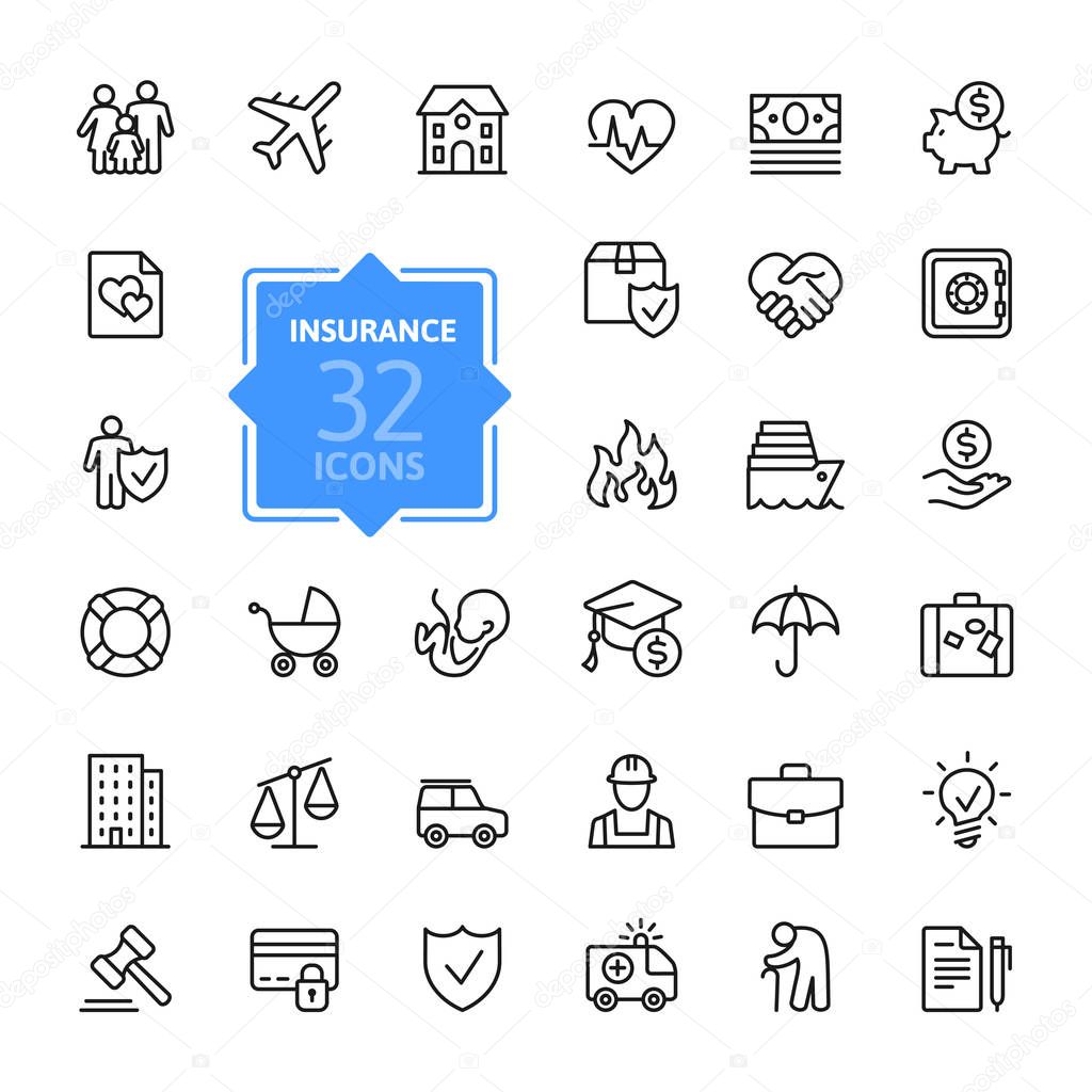 Insurance - outline icon set, vector, simple thin line icons collection