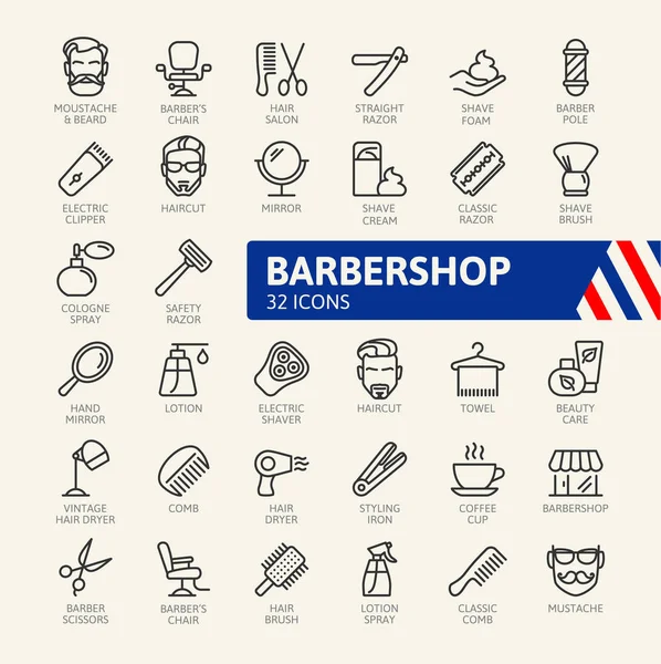 Elementos Barbearia Conjunto Mínimo Ícones Web Linha Fina Desenho Coleção — Vetor de Stock