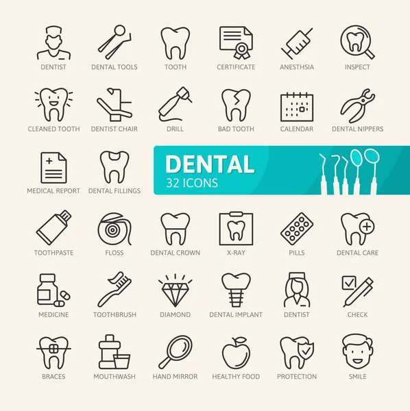Elementi Dentali Minimo Set Icone Web Linea Sottile Collezione Icone — Vettoriale Stock