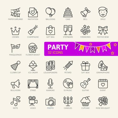 Parti, doğum günü, kutlama öğeleri - en az satır web Icon set ince. Anahat simgeleri koleksiyonu. Basit vektör çizim.