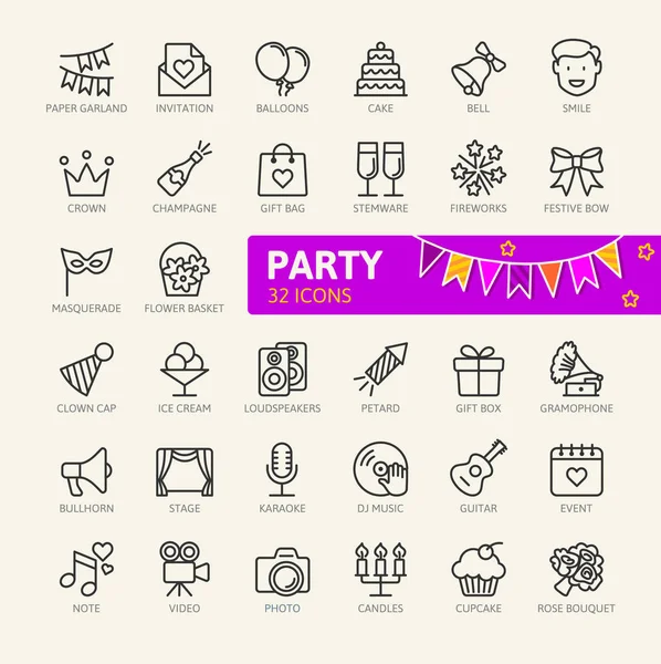 Party Geburtstag Feier Elemente Minimale Dünne Linie Web Icon Gesetzt — Stockvektor