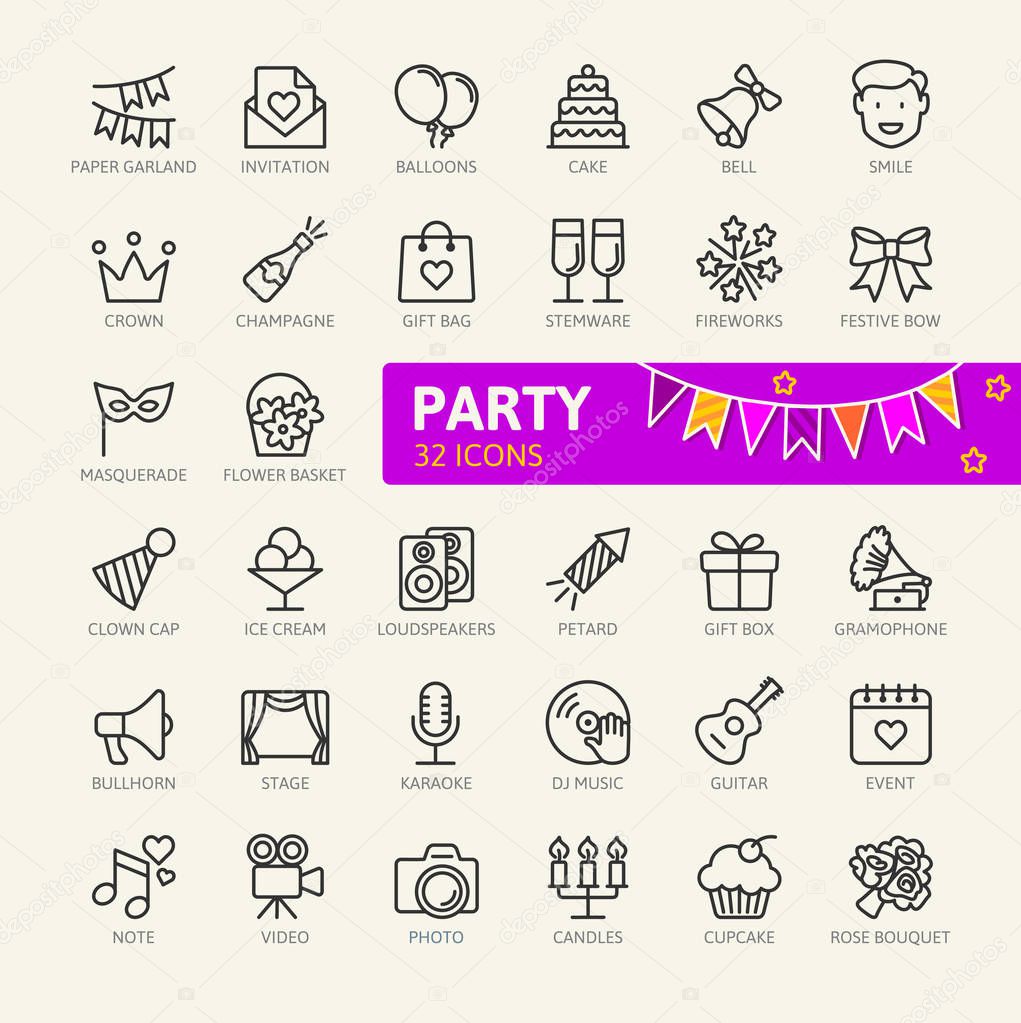 Party, Birthday, celebration elements - minimal thin line web icon set. Outline icons collection. Simple vector illustration.