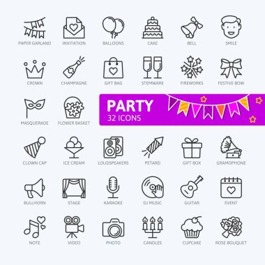 Parti, doğum günü, kutlama öğeleri - en az satır web Icon set ince. Anahat simgeleri koleksiyonu. Basit vektör çizim.