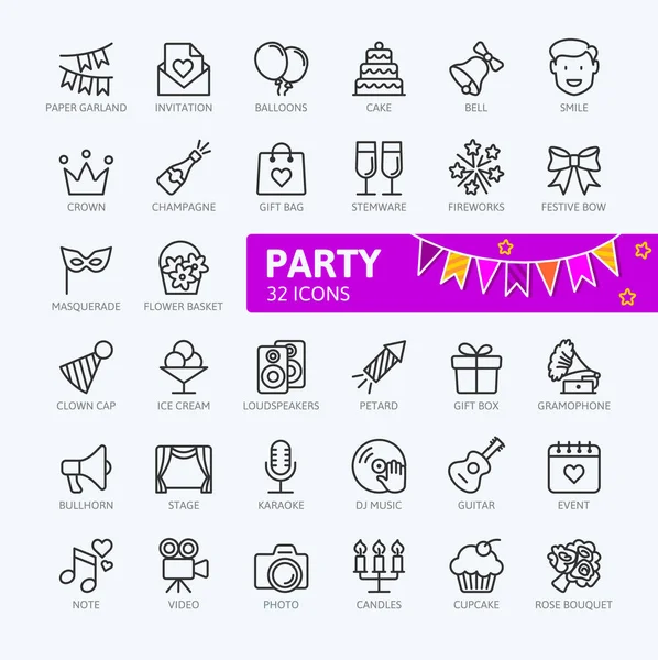 Fiesta Cumpleaños Elementos Celebración Conjunto Iconos Web Línea Delgada Mínima — Vector de stock