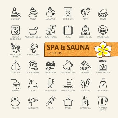 Spa ve sauna, buhar Hamamı - en az satır web Icon set ince. Anahat simgeleri koleksiyonu. Basit vektör çizim.