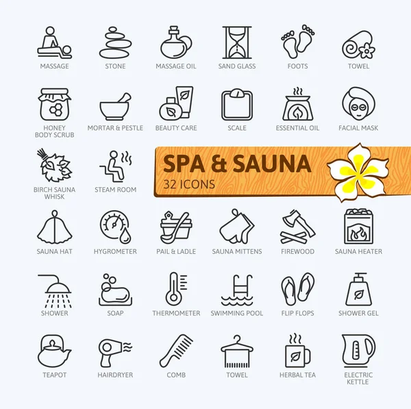 Spa Sauna Baño Vapor Conjunto Iconos Web Línea Delgada Mínima — Vector de stock