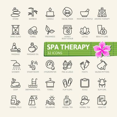 Spa Terapi Masaj kozmetik öğeleri - en az satır web Icon set ince. Anahat simgeleri koleksiyonu. Basit vektör çizim.