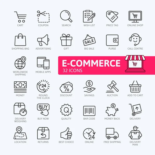 Commerce Shopping Online Elementi Consegna Set Icone Web Minimal Thin — Vettoriale Stock
