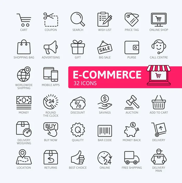 E-ticaret, online alışveriş ve teslim öğeleri - en az satır web Icon set ince. Anahat simgeleri koleksiyonu. Basit vektör çizim.