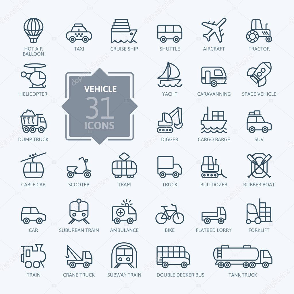 Transport, vehicle and delivery elements - minimal thin line web icon set. Outline icons collection. Simple vector illustration.