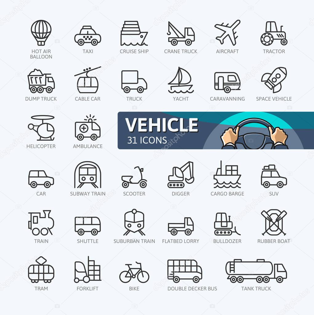 Transport, vehicle and delivery elements - minimal thin line web icon set. Outline icons collection. Simple vector illustration.