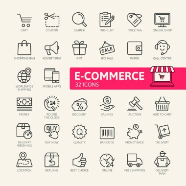 E-ticaret, online alışveriş ve teslim öğeleri - en az satır web Icon set ince. Anahat simgeleri koleksiyonu. Basit vektör çizim.