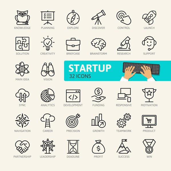 Startup project and development elements - minimal thin line web icon set. Outline icons collection. Simple vector illustration.