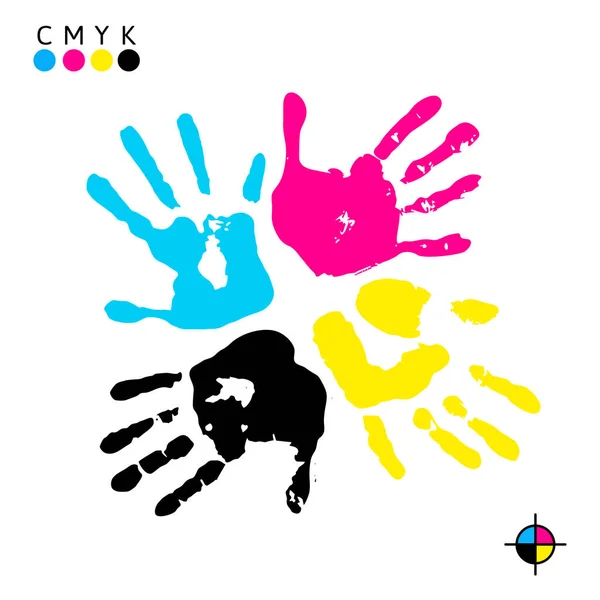 手工打印 四彩色墨水用于打印 不同颜色的手印 矢量符号 Cmyk — 图库矢量图片