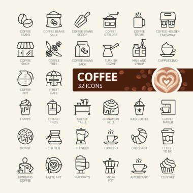 Kahve makinesi, kahve evi, kahve dükkanı öğeleri - minimal ince çizgi web simge seti. Anahat simgeleri koleksiyonu. Basit vektör çizim.