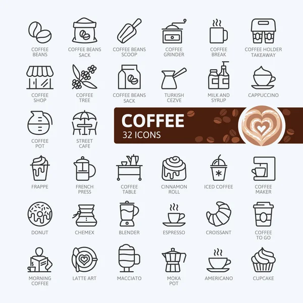 コーヒー メーカー コーヒー ハウス コーヒー ショップの要素 最小限の細い線 Web アイコンを設定します 概要アイコンのコレクション — ストックベクタ