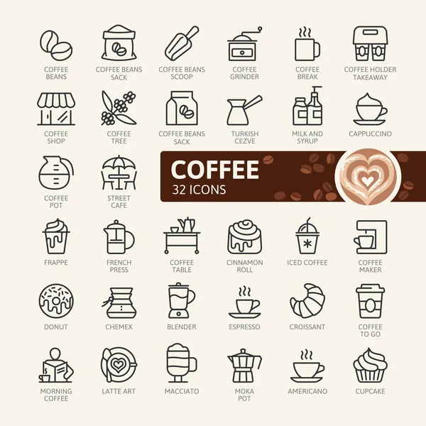 Cafetera Cafetería Elementos Cafetería Conjunto Iconos Web Línea Delgada Mínima — Vector de stock