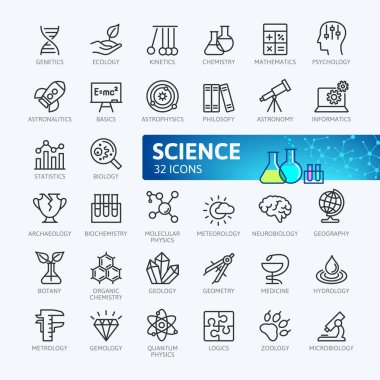 Bilim, bilimsel etkinlik öğelerini - minimal ince çizgi web simge seti. Anahat simgeleri koleksiyonu. Basit vektör çizim.